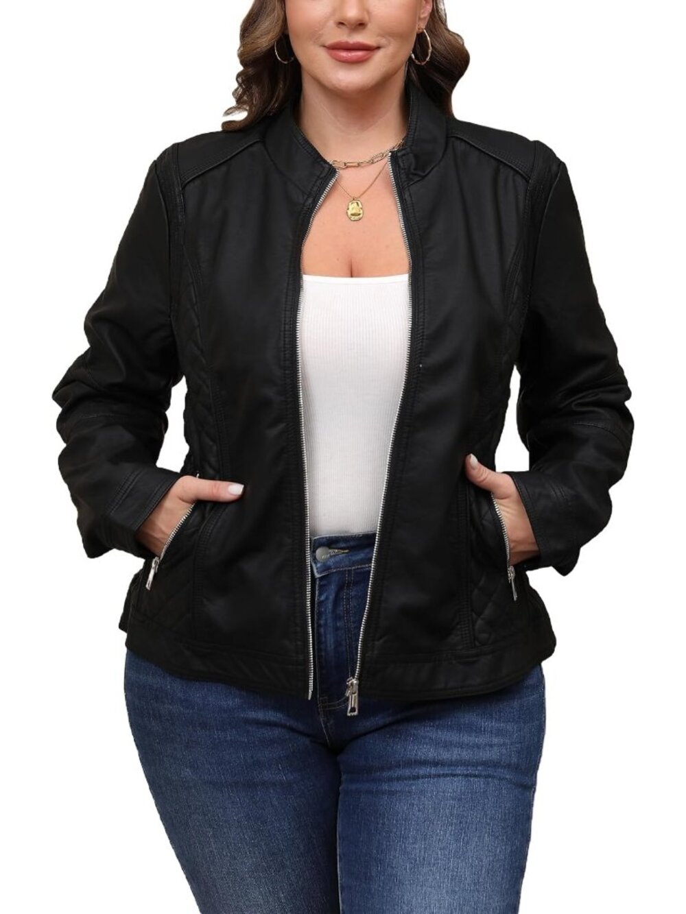 Women's Faux Leather Casual Moto Lightweight Jacket-Deepblack Stand Collar